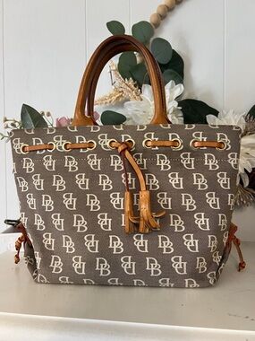 Dooney & Bourke Vintage Monogram Drawstring Bucket Tote with Leather Trim